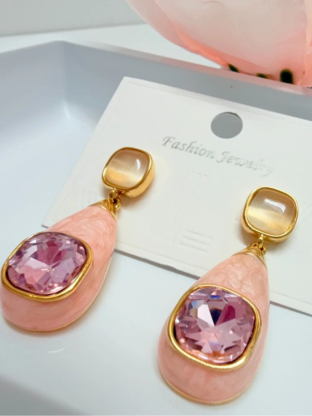 Pink Teardrop Earrings with Faceted Lilac Stones Lead and nickol free